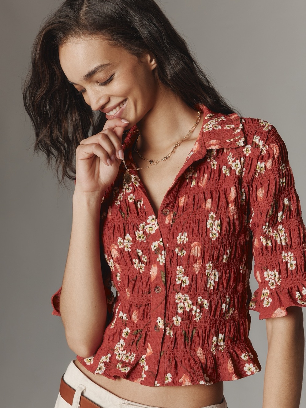 Maeve Smocked Button-Front Floral Top